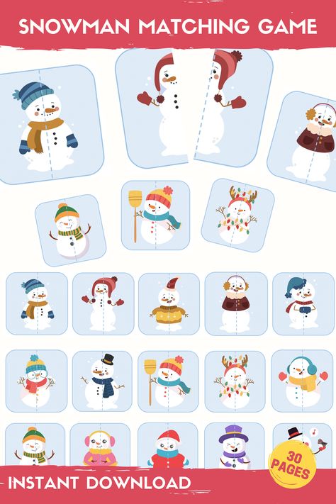 Winter Matching Game for kids, Snowman Matching Activity, Christmas Games, Toddler Matching Activity, Learning Binder, Busy Book printable https://etsy.me/3dLAeuR #christmas #wintermatchinggame #forkids #christmasgame #learningbinder #busybookprintable #snowmanmatching Snowman Activities Preschool, Christmas Matching Game, Christmas Matching Game Free Printable, Wintwr Games, Snowflake Matching Free Printable, Winter Matching Game Free Printable, Snowmen Activities, Printable Games For Kids, Winter Activities Preschool