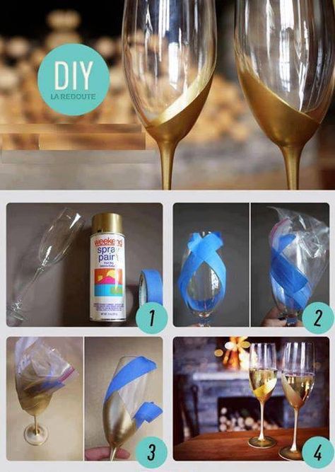 Diy Wine Glasses, Wine Glass Crafts, Do It Yourself Crafts, Gold Diy, Painted Wine Glasses, Painted Mason Jars, Diy Wine, Fun Diy Crafts, Crafty Craft