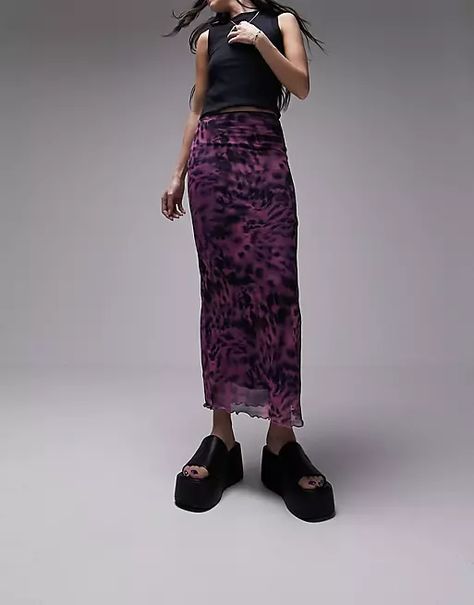 Topshop mesh animal blurred printed midi skirt in purple | ASOS Purple Midi Skirt Outfit, Midi Rok Outfit, Mesh Skirt Outfit, Purple Skirt Outfit, Long Purple Skirt, Midi Rock Outfit, Purple Midi Skirt, 2023 Clothes, Midi Skirt Outfit