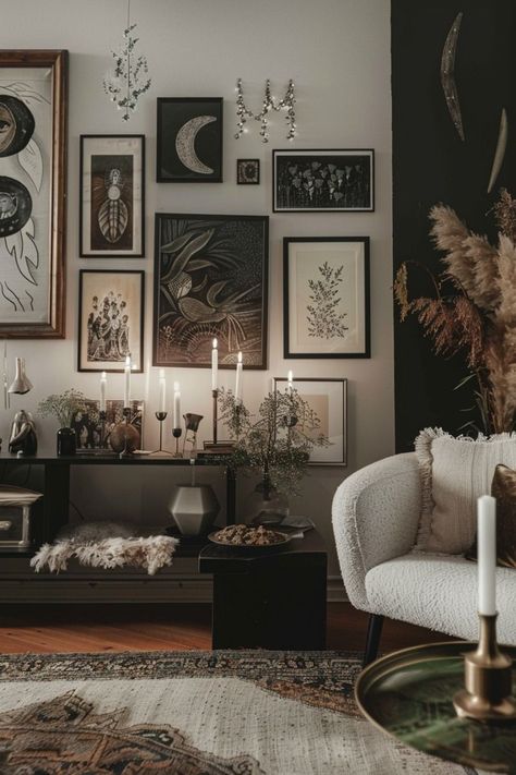 Goth Decor White Walls, Black And Earthy Aesthetic, Picture Wall Black Frames, Dark Academia With White Walls, Dark Academia White Walls, Witchy Gallery Wall, Dark Academia Apartment Aesthetic, Dark Apartment Aesthetic, Dark Earthy Aesthetic