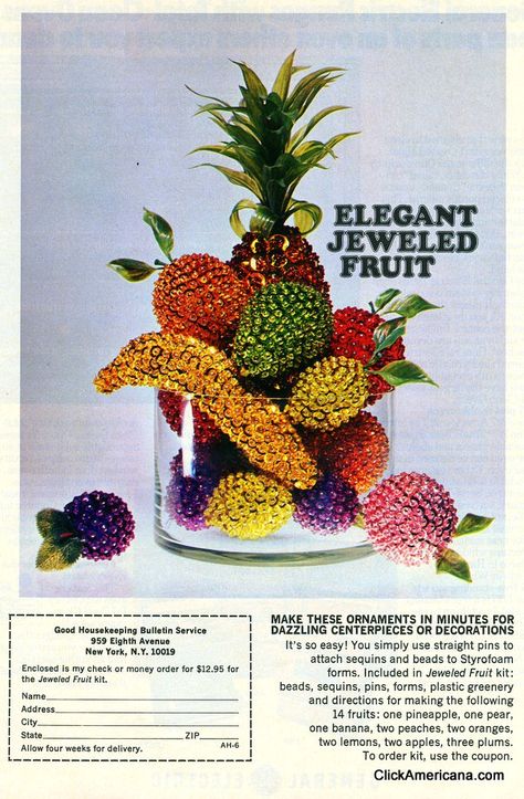 Make jeweled fruit! (1972)- my mother was ALWAYS doing crafts when we were kids- oil painting, making bread dough ornaments, sewing, and of course various crafts with plastic fruits.  She never let us help or even pursue our own artistic interests.  She refused to help me with sewing projects when I was in Jr High. Kathleen Ryan, Jeweled Christmas Ornaments, Matthew Wong, Paul Lee, Nicolas Party, Beaded Fruit, Fruit Christmas, Fruit Crafts, Sequin Ornaments