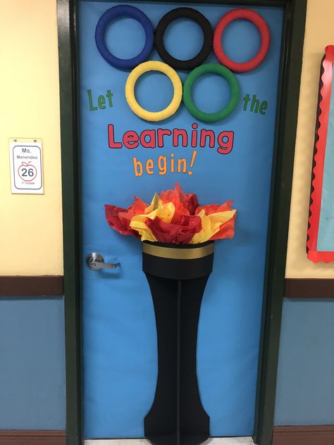 School Olympics Decorations, Olympics Door Decor, Olympic Theme Door Decorations, Olympic Door Decorations, Olympic Theme Classroom Door, Olympic Classroom Door, Pe Door Decorations, Olympic Decorations Classroom, Olympic Theme Bulletin Board Ideas