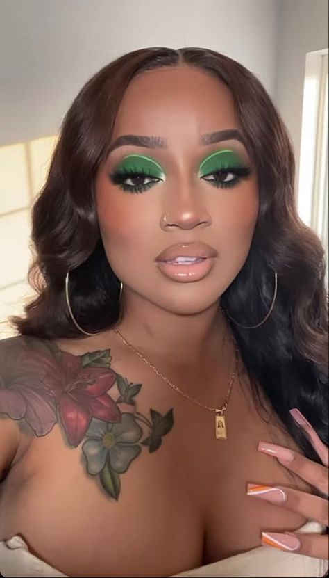 Prom Green Makeup Looks, Bright Makeup Looks Black Women, Green Glam Makeup For Black Women, Dark Green Makeup Looks Black Women, Green Prom Makeup Looks Black Women, Green Makeup Black Women, Green And Gold Makeup Looks Black Women, Green Eyeshadow Looks For Black Women, 90s Makeup Black Women