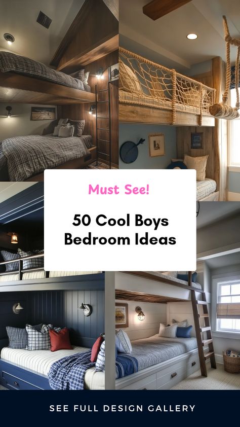 Explore 50 cool boys bedroom ideas featuring exciting themes and unique designs. This pin showcases 4 creative ideas to transform a child's room into a dynamic space perfect for imagination and fun. Cool Twin Beds For Boys, Rustic Bunk Beds For Boys Room, Sons Bedroom Ideas, Loft Bed Ideas Boys Room, Vintage Sports Bedroom For Boys, Full Bed Boys Room, Mandalorian Bedroom Ideas, Kids Shared Bedroom Boys, Boys Bunk Bedroom Ideas