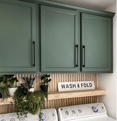 Green And Brown Laundry Room, Laundry Room Inspiration Modern, Wood Backsplash Laundry Room, Laundry Space In Kitchen, Green Accent Wall Laundry Room, Laundry Room Makeover With Window, Small Boho Laundry Room, Laundry Closet With Cabinets, Small Green Laundry Room