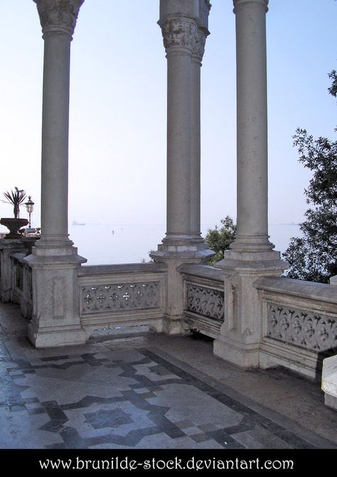 Miramare's Castle - Balcony 8 by brunilde-stock on deviantART Castle Balcony Night, Castle Balcony, Italian Castle, Bedroom With Balcony, Royal Bedroom, Castle Bedroom, Big Balcony, Dark Castle, Episode Backgrounds