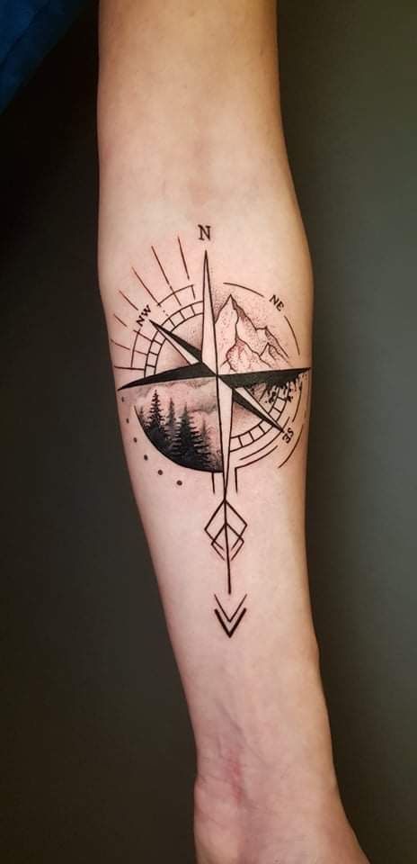 Tree Compass Tattoo Ideas, Clock And Mountain Tattoo, Adventure Tattoos For Men, Country Forearm Tattoos For Women, Compass Tree Tattoo Design, Compass Mountains Tattoo, Finding Your Way Tattoo, Nautical Geometric Tattoo, Mountains Compass Tattoo