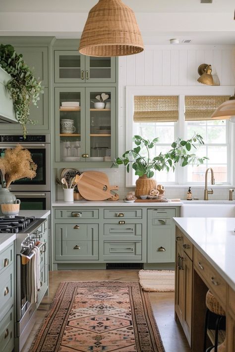 Sage Green Kitchen Cabinets Boho, Green Themed Kitchen, Clary Sage Kitchen Cabinets, Sage Kitchen Ideas, Sage Green And Wood Kitchen, Kitchen Ideas Bohemian, Sage Cabinets Kitchen, Sage Green And White Kitchen, Sage And Cream Kitchen