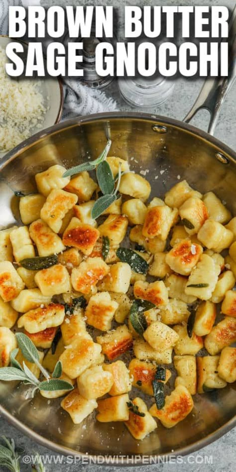 These brown butter sage gnocchi will be so hard to resist at the dinner table. Soft and chewy gnocchi dumplings are cooked, then pan-fried in butter, and then sprinkled with parmesan cheese. Such a simple sauce for a simple dumpling, but with complex and delicious results.  #brownbuttersagegnocchi #gnocchi #gnocchirecipe #spendwithpennies Butter Sage Gnocchi, Sage Gnocchi, Brown Butter Sage, Fresh Herb Recipes, How To Cook Gnocchi, Homemade Gnocchi, Chicken Gnocchi Soup, Spend With Pennies, My Favorite Recipes