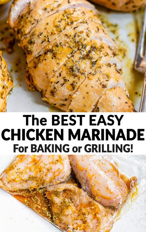 How to make the best EASY chicken marinade. This chicken marinade is perfect for grilling and baking. You can use it for chicken breasts, chicken thighs, or chicken tenders. Healthy, simple, and makes JUICY, tender, flavorful chicken every time. Chicken Marinade For Baking, Lemon Garlic Chicken Marinade, Baked Chicken Marinade, Garlic Chicken Marinade, Chicken Breast Marinade Recipes, Chicken Breast Marinade, Grilled Chicken Breast Recipes, Best Chicken Marinade, Easy Chicken Marinade