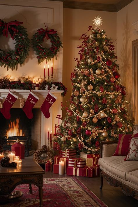 Traditional Christmas Decor Living Room, Traditional Christmas Living Room Decor, Decorating Your Living Room For Christmas, Christmas Tree Decorations Traditional, Vintage Traditional Christmas Decor, Traditional Christmas Theme, Classic Christmas Decor Living Room, Warm Christmas Decor Ideas, Christmas Decor Classic