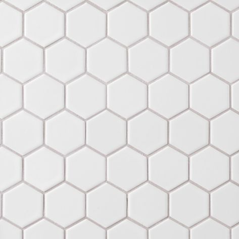 Festival | Satin White Matte 2 inch Hexagon Porcelain Mosaic, 12 x 12, 6 mm Thick - Floor & Decor 1900s Farmhouse, Laundry Inspiration, Farmhouse Bathrooms, Fancy Kitchen, Polished Porcelain Tiles, Painting Kitchen, Porcelain Mosaic Tile, Half Bathroom, Hexagon Tiles