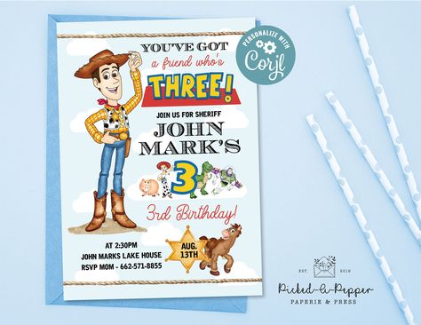 You've Got a Friend Who's Three, Editable Toy Story Invitation, Woody, Sheriff Woody, Toy Story Party, You Got a Friend in Me, - Etsy You’ve Got A Friend Whos Three, Toy Story Invitations, Sheriff Woody, Toy Story Party, Toy Story, 4th Birthday, 3rd Birthday, Invitation Paper, Invitation Template