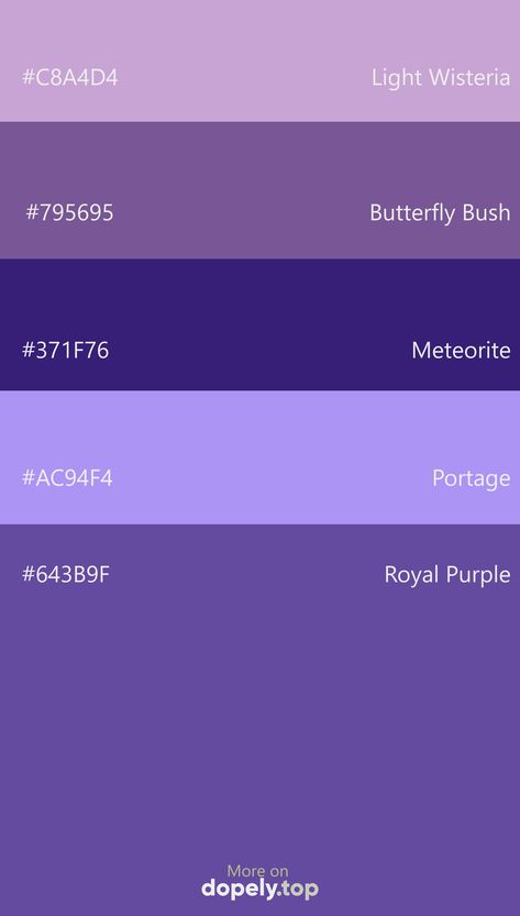 Color Palette inspiration with these hex codes: #C8A4D4 #795695 #371F76 #AC94F4 #643B9F #dopely #colorpalette #purple Purple Pallete Color Code, Purple Color Palette Canva, Goodnotes Color Palette Purple, Pastel Color Palette Purple, Purple Hex Codes Colour Palettes, Cool Purple Color Palette, Color Palette For Purple, Purple Colour Palette Hex Codes, Canva Purple Palette