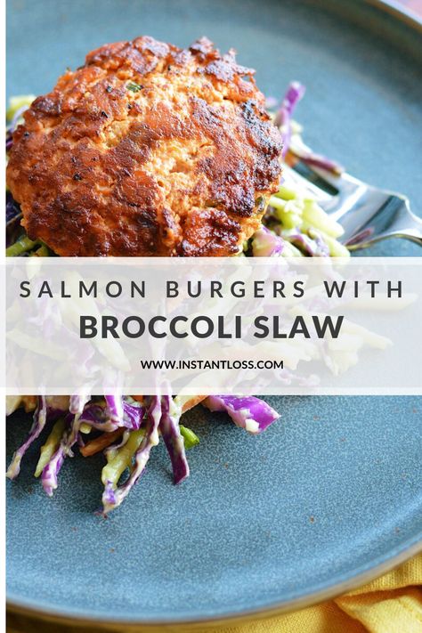 Salmon Burgers with Broccoli Slaw - Instant Loss - Conveniently Cook Your Way To Weight Loss Brittany Williams Instant Loss Recipes, Instant Loss Brittany Williams, Vegiterian Dinner, Healthier Sides, Healthy Salmon Burgers, Grilled Salmon Burgers, Brittany Williams, Instant Loss, Salmon Burger Recipe