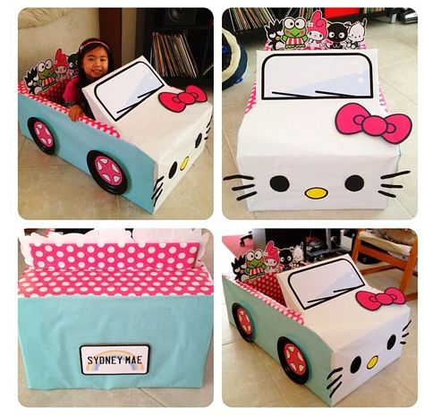 Hello Kitty Box Car Cardboard Box Car, Cardboard Car, Hello Kitty Car, Hello Kitty Birthday Party, Cardboard Design, Hello Kitty Party, Hello Kitty Birthday, Diy Cardboard, Cardboard Crafts