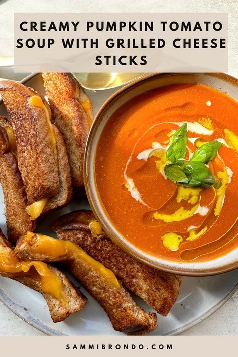 If you’re like me and know that tomato soup and grilled cheese just go together, you’ve got to try this version. It’s elevated, but also so simple to make. The perfect beginning of fall meal is grilled cheese and tomato soup. I’ll go down on that hill! You’re phasing out summery tomatoes by adding them to a warm, comforting soup. And then pairing delicious grilled cheese with it. There’s nothing better. This version takes the classic up a notch, but couldn’t be easier to make. Creamy Broccoli Soup Recipe, Grilled Cheese Sticks, Tomato Soup With Grilled Cheese, Crispy Grilled Cheese, Soup With Grilled Cheese, Tomato Soup Grilled Cheese, Soup And Grilled Cheese, Grilled Cheese With Tomato, Soup Pairings