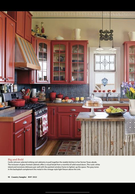 Red And Turquoise Kitchen, Red Country Kitchens, Spanish Style Kitchen, Red Cabinets, Western Kitchen, Red Kitchen Decor, Dream Kitchens, Red Kitchen, Kitchen Color