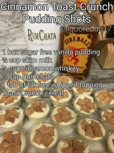 Cinnamon Toast Crunch Pudding Shots, Pudding Shot Recipes, Shots Alcohol Recipes, Jello Pudding Shots, Fun Drinks Alcohol, Alcoholic Desserts, Pretty Alcoholic Drinks, Jell O Shots, Liquor Recipes