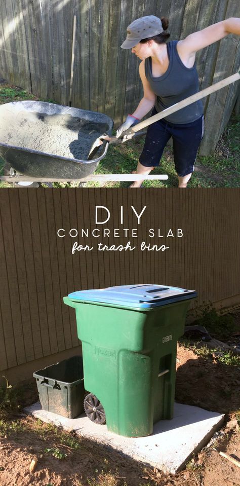 Trash Can Patio, Backyard Organization, Laying Concrete, Diy Concrete Slab, Yard Pergola, Diy Desks, Hide Trash Cans, Diy Patio Cover, Deck Diy