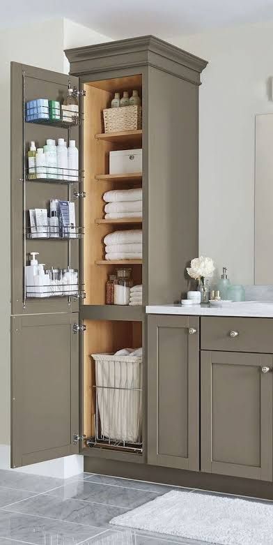 Tower Cabinet Bathroom, Bathroom With Side Cabinet, Bathroom Vanity With Linen Cabinet One Sink, Linen Closet Next To Vanity, Bathroom Vanity With Side Cabinet Tower, Double Vanity With Center Linen Cabinet, Master Bath Cabinets With Towers, Master Bath Built In Storage, Bathroom Vanity With Tall Storage