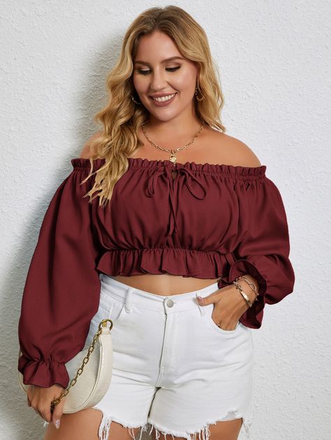 Plus Bardot Frill Trim Flounce Sleeve Crop Top Plus Size Crop Top Outfit, Plus Size Crop Tops, Summer Outfits Curvy, Plus Size Summer Outfits, Shoulder Wrap, Christian Girl, Shein Outfits, Crop Top Outfits, Cropped Tops