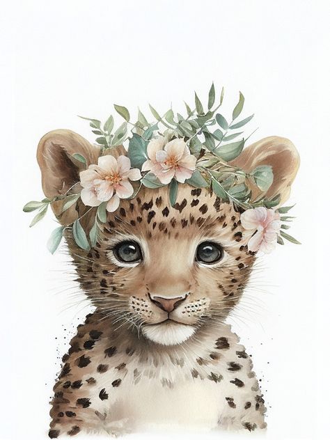 "Cheetah printable wall art nursery decor. Digital files for instant printing of   floral portrait of this adorable cheetah cub. A nice special gift idea for boys and girl who love nature, they will able to beautify their room or contribute to the decoration of the schoolroom or kindergarten. Available in four poster sizes this versatile design is a excellent choice for animal lover to decorate the house. Downloadable immediately at home or in the print shop, this file allows you to print your personalized poster wherever you want. Add this file to your interior decoration collection and enjoy the warmth and comfort that this sweet puppy portrait offers 18 x 24  inches 15 x 20  inches 12 x 16  inches   9 x 12  inches The purchase includes four files in jpg format. You receive the digital f Cheetah Cubs, Puppy Portraits, Jungle Wall Art, Baby Leopard, Décor Boho, Boho Dekor, Tropical Flowers, Watercolor Clipart, Nursery Art