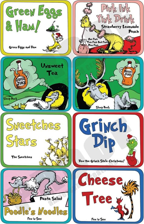 Dr. Seuss Theme Ideas | Dr. Seuss - Deluxe Theme Food Label Set. ... | birthday party ideas Grinch Dip, Seuss Snacks, Dr Suess Baby, Doctor Suess Birthday, Dr Seuss Party Ideas, Baby Shower Food Ideas, Shower Food Ideas, Cat In The Hat Party, Dr Seuss Birthday Party