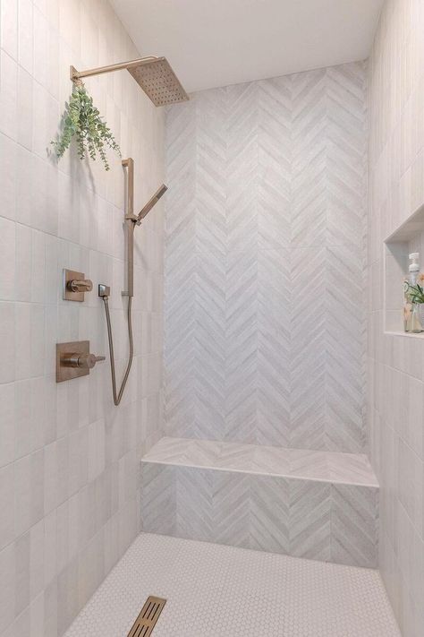 Wood Bathroom Tile Floor, Freestanding Tub Accent Wall, Shower Built Into Wall, 36 X 48 Shower Ideas, Walk In Shower Heads, Elegant Walk In Showers, Wood Look Tile Floor Bathroom Herringbone Pattern, Shower Tile Ideas Herringbone, Floor And Decor Shower Tile Ideas