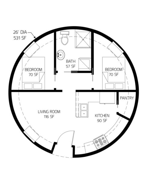 Circular Cottage Plan, Round Floor Plan, Roundavel Houses Plans, 2 Bedroom Round House Plans, Round Tiny House, Round Cottage House, Circular Building Plan, Round House Floor Plans, Circular House Plans