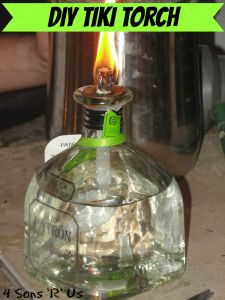 4 Sons 'R' Us: DIY Tiki Torch *Using citronella infused torch fuel I’m able to keep the mosquitoes at bay, all while adding a little ‘enchantment’ to my evenings. My still full wallet was feeling pretty enchanted too!* Bottle Tiki Torch Diy, Diy Tiki Torch, Tiki Torches Diy, Patron Bottle Crafts, Torches Diy, Bottle Torch, Wine Bottle Tiki, Patron Bottle, Outdoor Torches