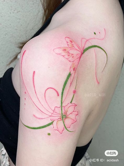 Pink Lily Tattoo, Fluorescent Tattoo, Pink Tattoo Ink, Tattoo Locations, Mother Nature Tattoos, Pink Tattoo, Flower Tattoo Shoulder, Kawaii Tattoo, Delicate Tattoo