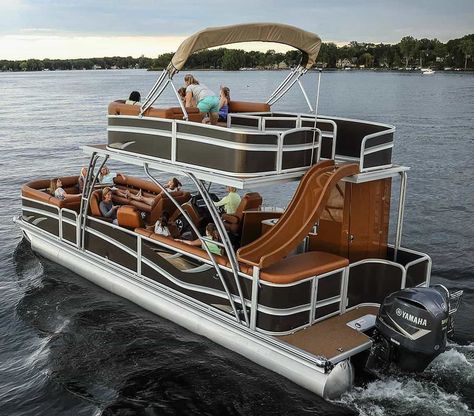 Party Barge Pontoon Boats, Pontoon Boats Ideas, Tritoon Pontoon Boats, Diy Pontoon Boat Remodel, Pontoon Makeover Ideas, Pontoon Boat Makeover Diy, Pontoon Boat With Slide, Diy Pontoon Boat, Pontoon Boat Ideas