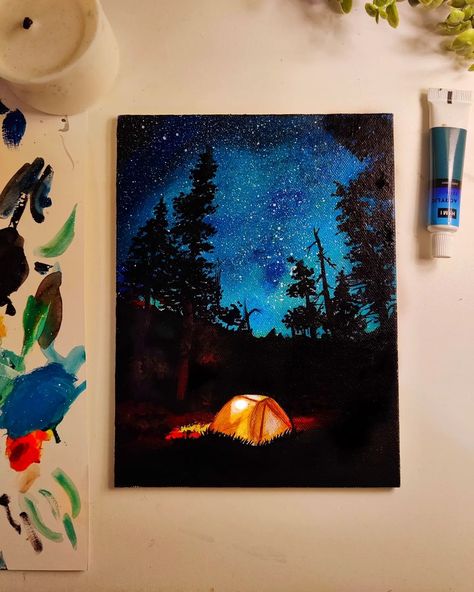 Lanterns Painting Acrylic, Forest Campfire Painting, Camping Painting Ideas, Silhouette Painting Acrylic, Painting Campfire, Campfire Painting, Camping Painting, Painting Silhouette, Canvas Art Painting Abstract