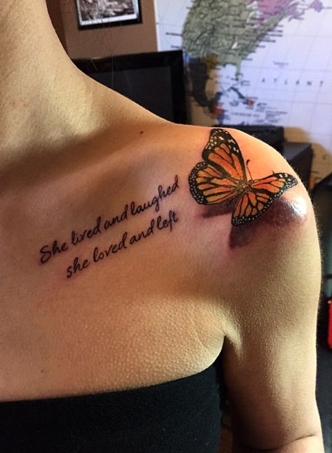 3-D butterfly and quote tattoo by Audrey Mello Butterfly Tattoo With Words, Butterfly Quote Tattoo, Tattoo With Words, 3d Butterfly Tattoo, Butterfly Tattoo Meaning, Remembrance Tattoos, Butterfly Tattoos For Women, Butterfly Tattoo Designs, Tattoos For Daughters