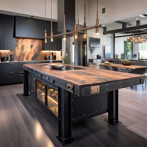 Industrial Kitchen Ideas Rustic, Neo Industrial Interior Design, Rustic Industrial Kitchen Island, Industrial Style Kitchen Ideas, Industrial Kitchen Backsplash Ideas, Rustic Island Kitchen, Industrial Interior Design Kitchen, Rustic Industrial Kitchen Design, Kitchen Ideas Industrial