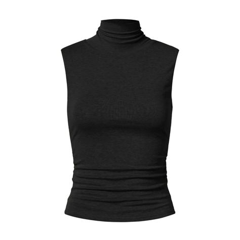 Features: - Turtle Neck Provide A Sleek & Streamlined Look - Sleeveless Perfect For Layering Under - Ruched Sides Creates A Flattering Effect By Accentuating Your Curves - Feel Confident And Trendy Soft Tencel Wool Knit The Knit Construction Of This Fabric Ensures A Soft And Gentle Touch Against The Skin. The Lightweight Nature Of This Fabric Allows Unrestricted Movement And Breathability, Ensuring All-Day Comfort. The Inclusion Of Wool In The Fabric Composition Provides Insulation And Helps Regulate Body Temperature. - Moisture-Wicking - Temperature Regulation - Soft And Comfy Body: 78% Tencel Fibers 20% Merino Wool Fibers 2% Spandex Care: Machine Wash Cold Do No Bleach Do Not Tumble Dr Tank Top With Turtleneck Under, Turtleneck Without Sleeves, Turtle Neck Halter Top, Tight Black Shirt, Turtle Neck Shirts, Turtle Neck Outfits, Turtle Neck Sleeveless Top, Black Tops For Women, Turtle Neck Outfit