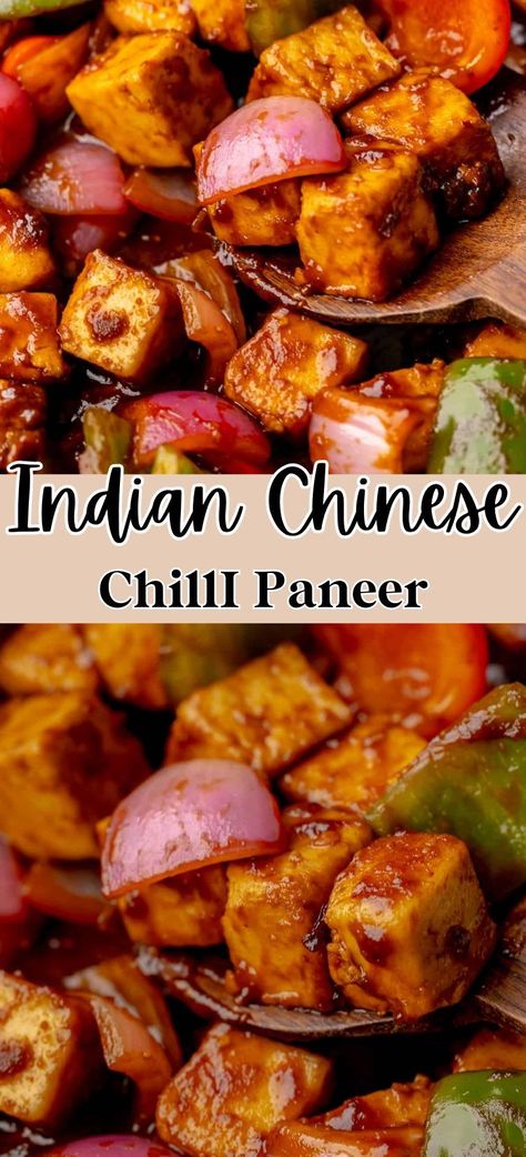 This Indian Chinese chilli paneer is a hakka restaurant style recipe that is quick and easy and the perfect vegetarian meal idea. Packed with a sweet, tangy and spicy sauce with crisp peppers and onions, this is a fantastic way to encourage meatless meals in your home - The crispy paneer chunks are so filling that you won't miss the meat! Chinese Paneer Recipes, Easy Chilli Paneer Recipe, Recipes With Paneer Cheese, Paneer Easy Recipes, Chili Paneer Recipe, Paneer Recipes Indian, Chilli Paneer Recipe, Easy Paneer Recipes, Chili Paneer