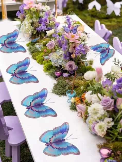 Butterfly Garden Birthday Theme, Butterfly Theme Table Centerpiece, Butterfly Birthday Party Centerpieces, Garden Butterfly Baby Shower Theme, Butterfly Birthday Table Decorations, Butterfly Party Table Set Up, Butterfly Table Setting, Butterfly Theme Centerpieces, Butterfly Centerpiece Ideas