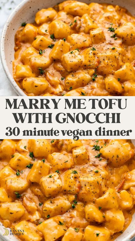 This irresistibly rich and creamy vegan Marry Me Tofu is the perfect date night vegan dinner recipe. It's even better than the popular Marry Me Chicken, featuring juicy crispy tofu cubes cooked in a creamy yet dairy free cheesy sun-dried tomato sauce and pillowy gnocchi- but so easy to make in just 30 minutes! Gluten Free Vegan Gnocchi, Date Night Vegan Dinner, Vegan Tofu Recipes Dinners, Creamy Vegan Gnocchi, Quick And Easy Dinner Recipes Healthy Vegetarian, Tofu Recipes Gluten Free, Vegan Anniversary Dinner, Marry Me Tofu Recipe, Date Night Dinner Recipes Vegetarian