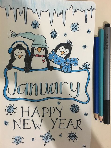 New Year Drawing Ideas 2025, January Front Page, New Year Journal Ideas 2025, Diary Creative Ideas, Dairy Journal Ideas, January Calendar Ideas, January Journal Ideas, Playlist Bullet Journal, January Cover Page