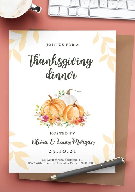 This Printable Thanksgiving Invitation is so beautiful and will impress any of your guests. You can easily edit these free printable invitations online and print them at home. These Thanksgiving invitations look professional and are completely free. Thanksgiving Invites, Thanksgiving Invitation Template, Hosting Thanksgiving Dinner, Thanksgiving Planner, Free Thanksgiving Printables, Dinner Host, Printable Thanksgiving, Free Printable Invitations, Thanksgiving Coloring Pages