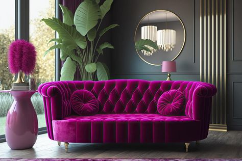 Modern living room design with viva magenta velvet sofa. Generative AI. Fusia Pink Sofa, Fushia Sofa Living Room, Magenta Sofa Living Room, Fuschia Sofa, Magenta Couch, Magenta Interior Design, Velvet Sofa Living Room Ideas, Magenta Room, Magenta Decor