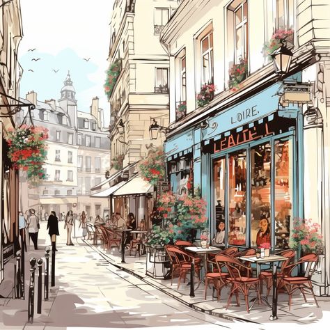 "Parisian Allure: Cafe and Cobblestones" is a vibrant portrayal of a bustling Paris street, capturing café culture with intricate details and a soft color palette, embodying the spirit of Paris. #Paris #Café #Cobblestones #StreetScene #Vibrant #Sidewalk #Patrons #Sunlit #Façade #Leisure #BloomingFlowers #Urban #WarmGlow #Welcoming #Detail #LineWork #SoftPalette #Movement #Life #Spirit #Parisian #Corner #Story #Invitation #Rhythmic #Pulse #Illustration #Colorful #Allure #Culture Paris Cafe Sketch, Cafe 2 Point Perspective, Paris Sidewalk Cafe, Paris Street Drawing, Pulse Illustration, Paris Cafe Painting, Story Invitation, Cafe Street, France Cafe