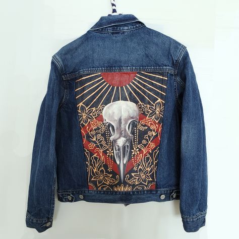 Decoration & Decay Denim Jacket | Cassol Studio Jean Jacket Design, Hand Painted Denim Jacket, Upcycle Clothes Diy, Painted Denim Jacket, Painted Jacket, Painted Artwork, Bird Skull, Painted Denim, Custom Clothing