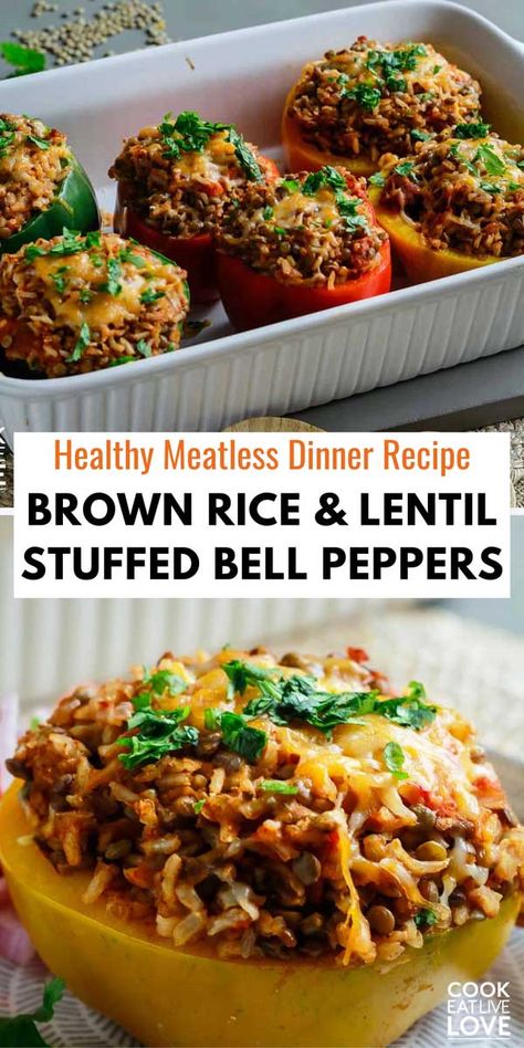 Enjoy an easy and delicious meatless dinner recipe with these Spicy Lentils and Rice Stuffed Bell Peppers! This dish combines the rich, spicy flavors of seasoned lentils and rice with the freshness of bell peppers, creating a nutritious and satisfying meal. Perfect for busy weeknights, this recipe is simple to prepare and sure to please everyone at the table. Try this tasty and wholesome dinner idea tonight! #vegetariandinnerrecipe #stuffedbellpeppers Stuffed Bell Peppers Lentils, Lentil Stuffed Bell Peppers, Meatless Rice Dishes, Dinner Ideas With Bell Peppers, Meatless Stuffed Bell Peppers, Stuffed Peppers Lentils, Stuffed Bell Peppers Vegetarian, Rice And Lentils Recipe, Seasoned Lentils