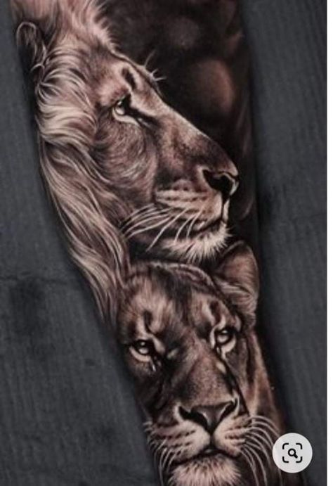 Two Lions Tattoo, Lion And Lioness Tattoo, Female Lion Tattoo, Lion Forearm Tattoos, Animal Sleeve Tattoo, Lioness Tattoo, Lion Tattoo Sleeves, Mens Lion Tattoo, Animal Tattoo Ideas