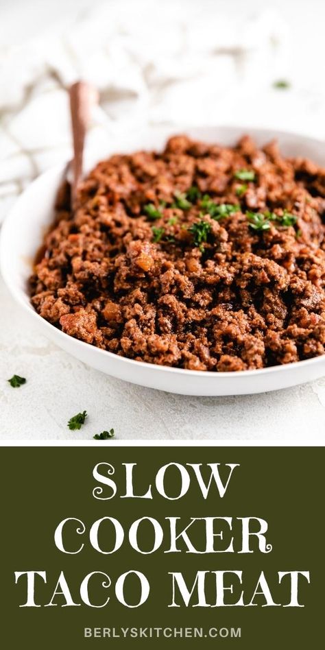 Large dish filled with slow cooker taco meat. Taco Meat In Crockpot, Nacho Pasta, Crock Pot Taco Meat, Slow Cooker Taco Meat, Crockpot Taco Meat, Taco Meat Recipe, Taco Burrito, Slow Cooker Taco, Vegetarian Slow Cooker Recipes