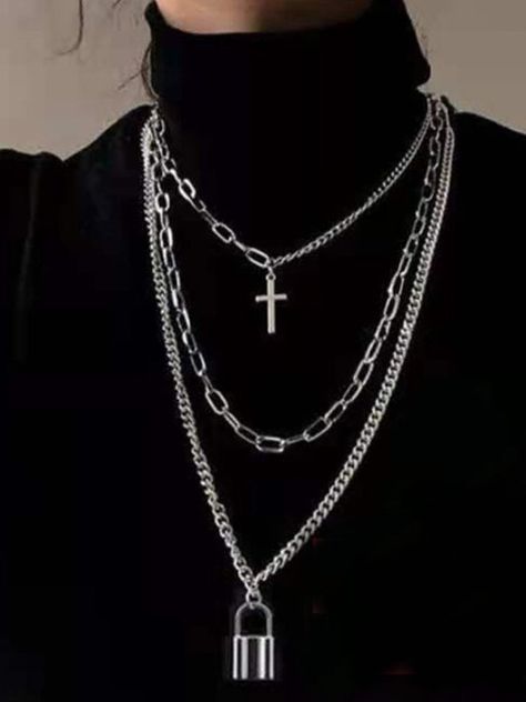 Gothic Dark Punk Style Street Silver Layered Necklace with Cross and Lock Pendants Lock Chain, Edgy Jewelry, Chain Heart, Layered Necklaces Silver, Special Necklace, Lock Necklace, Unisex Necklace, Metal Necklace, Long Chain Necklace