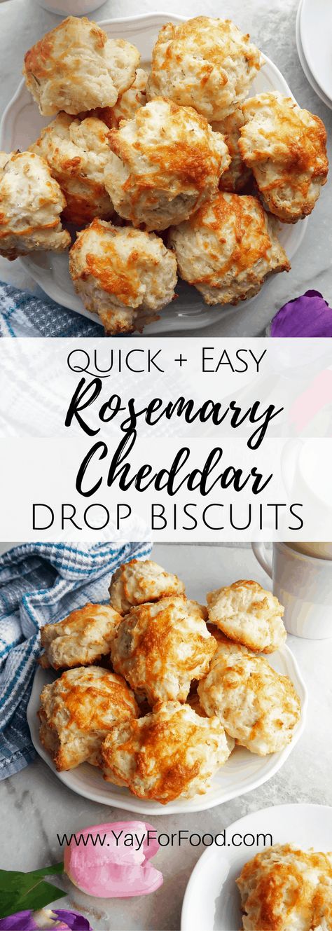 Make these quick and easy Rosemary Cheddar Drop Biscuits! Golden and crispy on the outside, fluffy and tender on the inside! Eat them as a snack or as a side dish for your soups and chili. Loaded Biscuits, Cheddar Drop Biscuits, Biscuits Cheese, Drop Biscuits Recipe, Simple Bread, Cheesy Biscuit, Cheddar Bay Biscuits, Diy Easy Recipes, Drop Biscuits